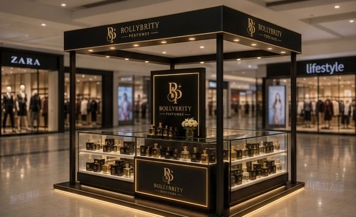 Bolly Perfumes mall kiosk in black and gold with illuminated display cases of bottles